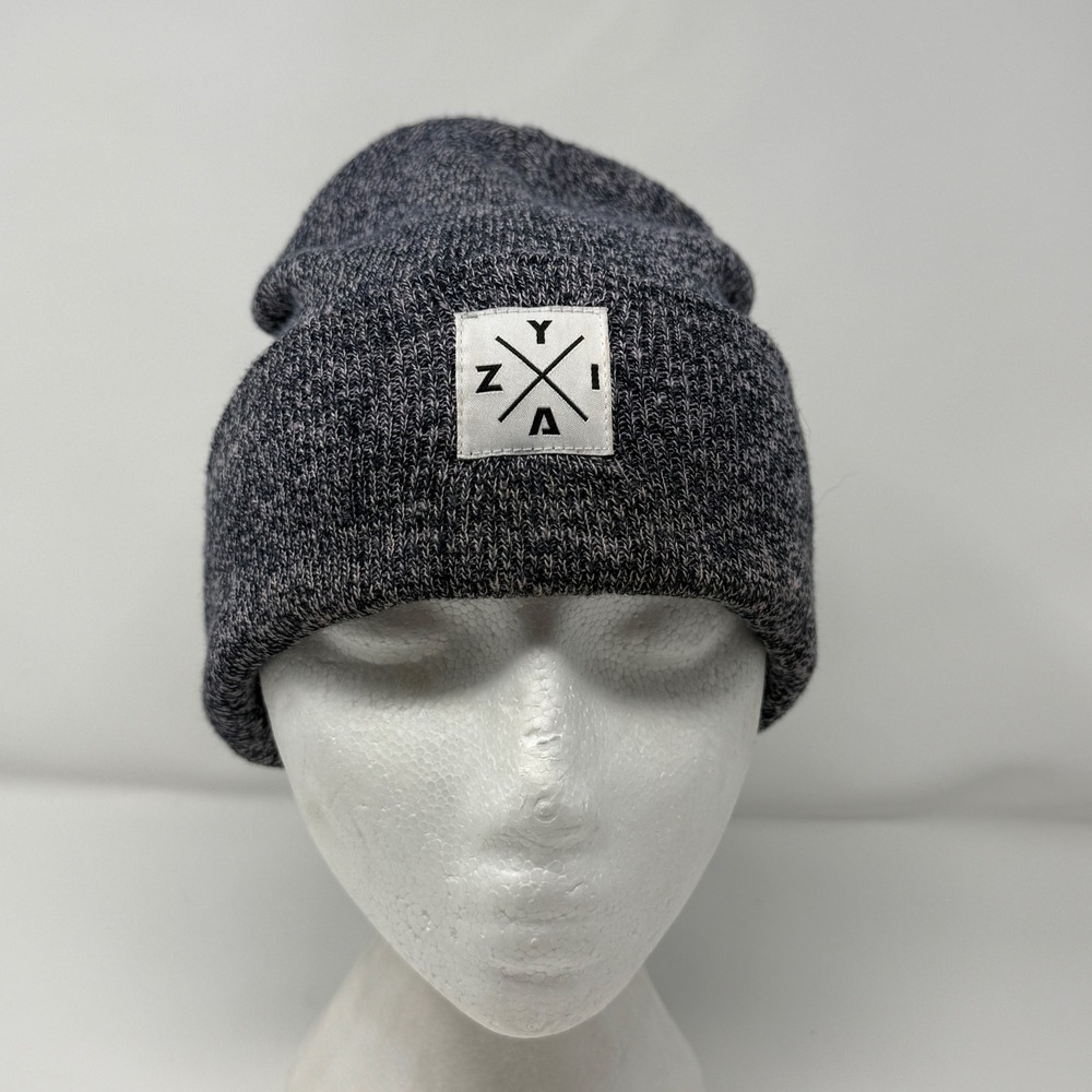 Zyia Active Beanie Hat‎ Navy Blue White Marled Knit Cuffed Logo One Size OS